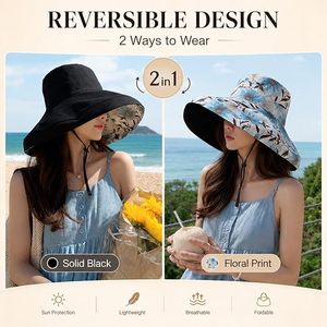 Sombrero de ala ancha con estampado floral para mujer, de lona de algodón, protección solar para la playa, estilo informal de primavera y verano, 54-56 cm - Product Image 6