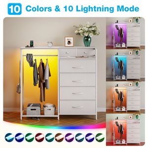 Solid Wood <b>6</b>-<b>Drawer</b> <b>Dresser</b> with Clothes Rack Charging Station & LED Lights for Bedroom Storage - Product Image 4