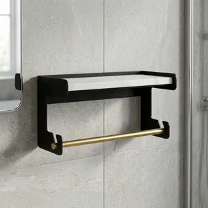 Modern <b>Wall</b> <b>Mounted</b> Marble <b>Shelf</b> with Towel Bar Bathroom Storage Rack Metal Organizer Holder for Vanity Washroom Decor - Product Image 5