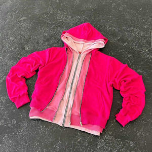 New Pink Oversized Color Block Triple Layer 100% Cotton French Terry Heavyweight Winter Embroidered Zip-<b>Up</b> Hoodie for Men - Product Image 4