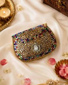 Ladies Classic Square Folk Art Clutch Bag with <b>Mosaic</b> Design Mixed Colors Mother Pearls & Kundan Craft-Wedding Favor - Product Image 3