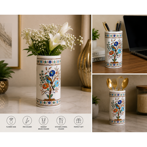 Vase en pierre de calcaire blanc artisanal avec incrustations |   Design floral moderne en Pietra Dura |   Porte-fleurs et porte-stylos décoratif de luxe - Product Image 4