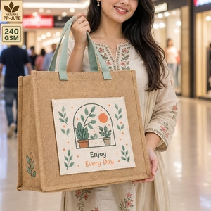 Natural Jute Grocery Shopping Tote Bag with Printed Cotton Pocket PP Laminated Custom Logo Wholesale OEM Manufacturer 36x32x15cm - Product Image 4