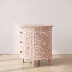 Boho Floral Bone Inlay Bohemian Luxury Modern Eco-Friendly <b>Bedside</b> table light pink Handmade Nightstand 3 Drawer Bedroom <b>Cabinet</b> - Product Image 4