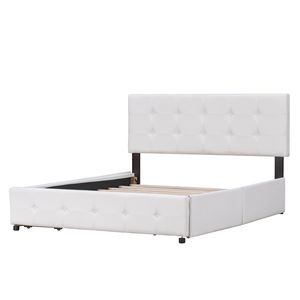 Lit plateforme rembourré blanc taille Queen avec tête de lit classique et 4 tiroirs en tissu lin, aucun sommier tapissier nécessaire - Product Image 3