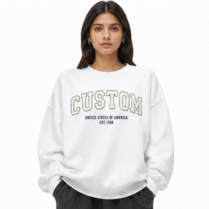 Sudaderas con cuello redondo estilo americano con letras aplicadas personalizadas, al por mayor, de algodón terry blanco, con hombros caídos, sudaderas con capucha lisas - Product Image 1
