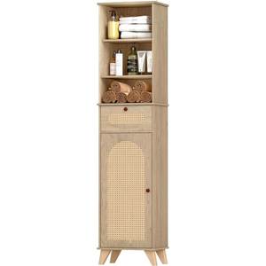 Étagère de salle de bain autoportante en teck esthétique avec tiroirs en rotin, format slim - Product Image 2