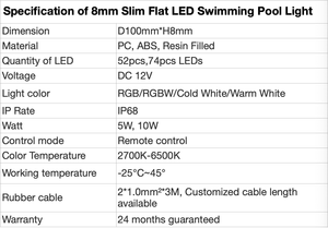 Luz LED Sumergible para <span class=keywords><strong>Piscina</strong></span> de 10W DC12V RGBW IP68, Ultra Delgada de 8mm, con Control Remoto, Anillo de PC, Fácil de Instalar - Product Image 6