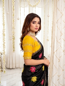 AARA Fashion Black Floral Embroidered Silk <b>Saree</b> <b>Yellow</b> Blouse for Women Traditional Wedding Wear India Pakistan Style Sun - Product Image 2