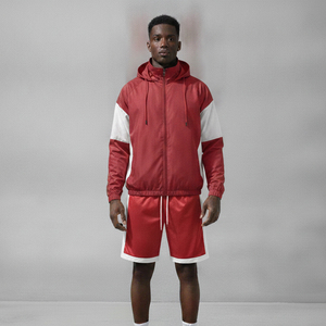 Men's Custom Red White Color Blocking Nylon Two Piece Jacket Jogging Suit <b>Set</b> Sports Windbreaker Tracksuit Shorts - Product Image 4