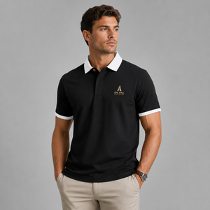 Polo Negro de Lujo para Hombre con Cuello en Contraste Blanco, Logotipo Bordado en Dorado, Algodón Piqué Premium, Fabricante de Ropa Personalizada OEM ODM - Product Image 5