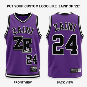 Maillot de basketball pour homme en polyester interlock premium 180 GSM, violet, noir, blanc, avec bordure côtelée, logo brodé personnalisé en twill. - Product Image 1