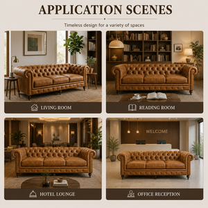 Sofá de 3 Plazas de Cuero Color Bronceado de Lujo con Respaldo Acolchado y Brazos Enrollados, Sofá Clásico Moderno para Sala de Estar - Product Image 5