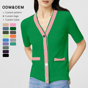 เสื้อคาร์ดิแกนไหมพรมคอวีแบบกรีกสำหรับผู้หญิง สไตล์ลำลอง แขนสั้น บางเบา เหมาะสำหรับฤดูใบไม้ร่วงและฤดูหนาว - Product Image 1