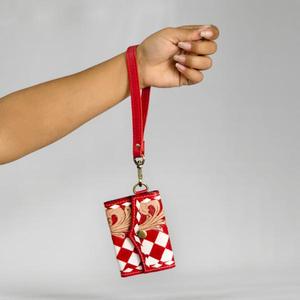 Porte-cartes en cuir véritable fait main, rouge et blanc à carreaux, gaufrage, fermeture à bouton vintage, portefeuille court pour femme - Product Image 2