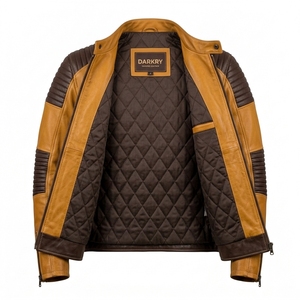 Blouson en cuir bicolore marron beige pour homme, personnalisé, vente en gros, OEM, ODM, avec panneaux côtelés, style motard, fournisseur direct d'usine - Product Image 5