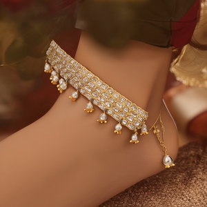 สร้อยข้อเท้าทองชุบประดับมุกคุณภาพสูง ดีไซน์เพชรและกระดิ่ง - Product Image 3
