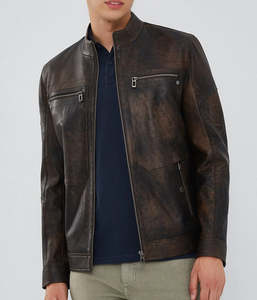 Veste en cuir véritable marron vintage pour homme, style motard, en peau de mouton véritable vieillie, coupe ajustée, décontractée, vêtement d'extérieur - Product Image 3