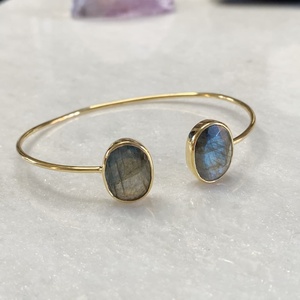 Double Oval Labradorite Gold Bangle | Blue Flash Gemstone Open <b>Cuff</b> | Gold Plated Vintage Style IGI Certified Wholesale Jewelry - Product Image 1
