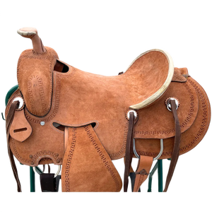 Silla de montar Western de resistencia, estilo ranchero, con grabados, de cuero genuino hecho a mano, con montura de madera de base ancha y herrajes de latón, tipo equipo ecuestre - Product Image 2