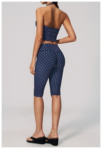 Navy Blue Polka Dot Yoga Set Halter <b>Crop</b> <b>Top</b> High Waist Calf-Length Pants Seamless 2 Piece Spandex Polyester - Product Image 4