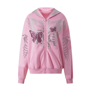 Sweat à capuche rose surdimensionné avec fermeture éclair intégrale, style streetwear Y2K, squelette en strass, gothique, punk, Harajuku, unisexe - Product Image 2