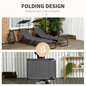 Set di 2 Sdraio Pieghevoli Grigio Scuro per Piscina con Parasole e Schienale Reclinabile, Telaio in Acciaio e Alluminio - Product Image 6