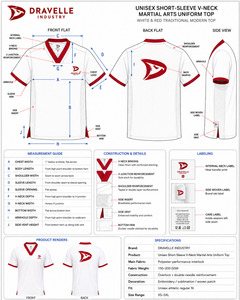 DRAVELLE T-shirt d'entraînement d'arts martiaux unisexe blanc à col en V avec bordure rouge, haut respirant en polyester - Product Image 6