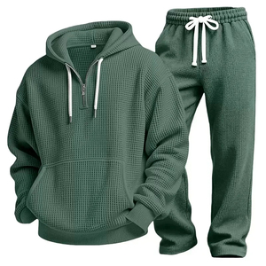 Ensemble de survêtement décontracté pour hommes en maille gaufrée : sweat à capuche demi-zip et pantalon de jogging assorti - Product Image 6