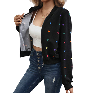 Women's Heart Print Bomber <b>Jacket</b> Casual <b>Zip</b>-<b>Up</b> Long Sleeve Lightweight Windproof Shearling Lining Ribbed Cuff Neck Winter - Product Image 5