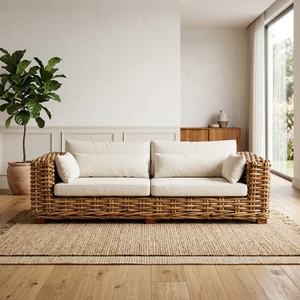 New Modern Minimalist Chunky Woven <b>Rattan</b> <b>Sofa</b> Wood Eco-Friendly Outdoor Patio Living Room Seating Furniture Cushioned Couch - Product Image 3