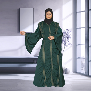 Nida Modest Islamic <b>Eid</b> Abaya V Neck Decorative Vertical Embellished Panels Adjustable Waist Tie Flowy Sleeve Floor Length Party - Product Image 2