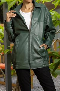 Veste de moto en cuir véritable pour femme, manches longues, col rabattable, fermeture éclair, longueur longue, style automne - Product Image 4