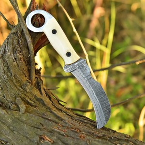 Hand Forged Damascus Steel Bushcraft <b>Knife</b> Camel <b>Bone</b> <b>Handle</b> Full Tang Hawkbill <b>Knife</b> with Leather Sheath Custom OEM - Product Image 3