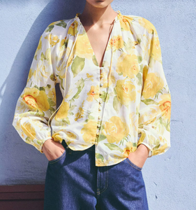 Chemisier en mousseline tissé à imprimé floral jaune pour femme, à manches longues et col chemise, respirant et écologique pour le quotidien - Product Image 3