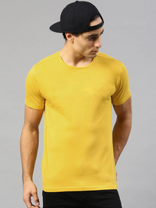Camiseta de Hombre, Corte Ajustado, Color Amarillo Sólido, Manga Corta, Cuello Redondo, Informal, de Algodón Jersey, Tejido Liso - Product Image 1