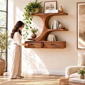 Estante de pared de madera Luxali contemporáneo, único y hecho a mano, con múltiples estantes y cajones para el hogar, la oficina, el estudio y la sala de estar. - Product Image 6