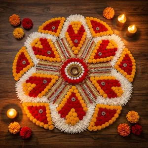 Rangoli de Flores Art Deco Hecho a Mano y Ecológico, Decoración de Piso de Tela, Decoración Tradicional de Diwali para Entrada, Decoración Interior del Hogar - Product Image 4