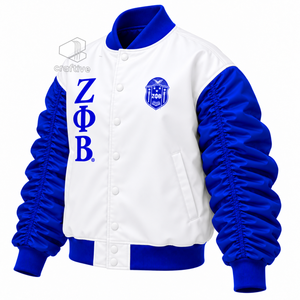 เสื้อแจ็คเก็ตวาร์ซิตี้ผ้าซาตินสีขาว-น้ำเงินสำหรับผู้หญิง Zeta Phi Beta  ติดกระดุมแบบ Snap  แขนพองจับจีบ  ทรงบอมเบอร์แบบนักศึกษา - Product Image 2