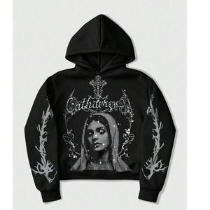 เสื้อฮู้ดดี้ลายกราฟิกสไตล์โกธิคประดับเพชรเทียมสำหรับผู้ชาย Y2K ลายพระแม่มารี ทรงโอเวอร์ไซส์ เสื้อสเวตเชิ้ตคุณภาพสูง หนานุ่ม สตรีทแวร์ ขายส่ง - Product Image 1