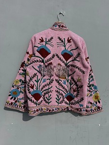 Handcrafted Pink and <b>White</b> Chevron Cotton Quilted <b>Jacket</b> Mandarin Collar Vibrant Floral Kashmiri Aari Hand Embroidery <b>Jacket</b> - Product Image 2