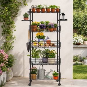 Estante de Metal Negro para Plantas de Jardín con Ruedas y Estantes para Almacenamiento de Macetas en Patio, Soporte de Exhibición para Uso en Exteriores - Product Image 1