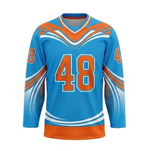 Camiseta de Hockey Sublimada de Poliéster con Bandas de Color Naranja Brillante y Azul Cielo, Uniforme de Equipo de Alto Rendimiento, Camiseta de Manga Larga - Product Image 2
