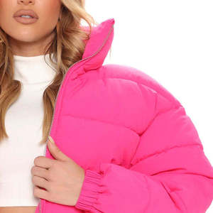 Pink Puffer <b>Jacket</b> Stand Collar Zipper Closure Quilted Windproof Thick Winter Coat Casual Loose Fit Solid Color - Product Image 4