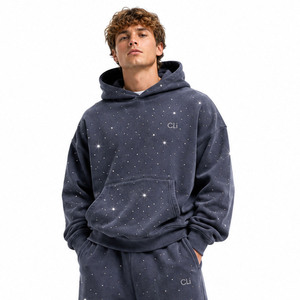 Conjuntos de sudaderas extragrandes con pedrería brillante de alta calidad, pantalones de chándal holgados, ropa de estilo urbano de algodón grueso personalizada - Product Image 4