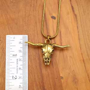 Rustic Longhorn <b>Bull</b> <b>Skull</b> Pendant Necklace, Western Cowboy Biker Jewelry ,Antique Gold Steer Head Necklace , Unisex Statement - Product Image 2