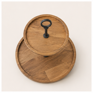 Eco-Friendly 2-Tier Acacia Wood Cake <b>Stand</b> with Matte Black Metal Handle <b>Cupcake</b> Display <b>Stand</b> and Serving Tray for Weddings - Product Image 2