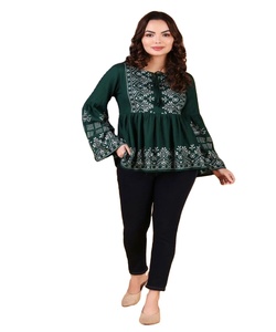 Dernière tenue quotidienne longue crêpe de coton rayonne avec broderie travail femmes indiennes portent Kurti Readymade meilleur prix en gros Alphanumero - Product Image 1