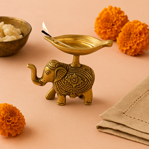 Brass Antique <b>Elephant</b> Deepam With Leaf Diya Bowl Handcrafted Traditional Pooja Oil Lamp For Home Temple - Product Image 1