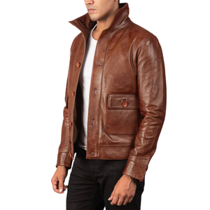 <b>Men</b>’s Vintage Brown Genuine Leather <b>Field</b> <b>Jacket</b> Classic Collar Four Pocket Full Zip Premium Casual Outerwear - Product Image 3